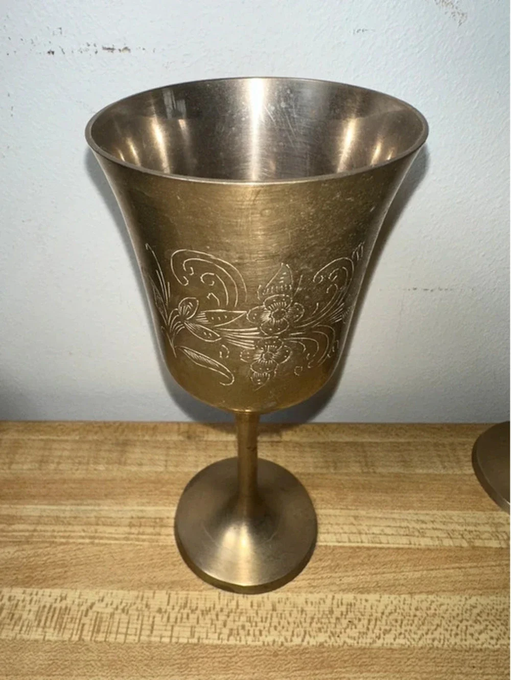 Vintage Etched Brass Wine Goblets/Chalices Set of 4